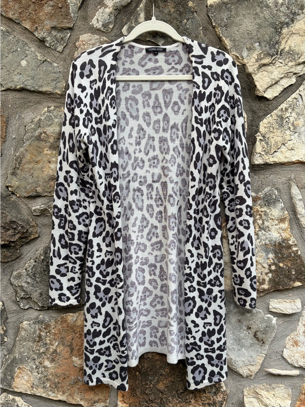 JEANNE PIERRE Black & White Leopard Print Open Front Cardigan Sweater Soft SMALL